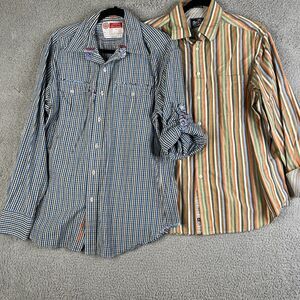 Robert Graham Shirt Mens L Blue Black Striped Button Roll Tab Long Sleeve Pocket